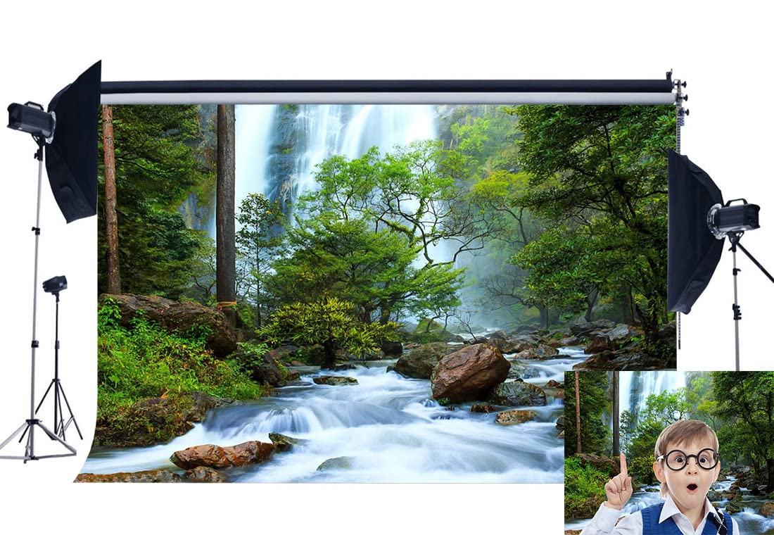 Haosphoto Jungle Forest Waterfall Backdrop 7X5FT Vinyl Cascade River Backdrops Weathered Rock Stones Nature Landscape Photography Background for Kids Adults Ourdoot Tourism Photo Studio Props YX877