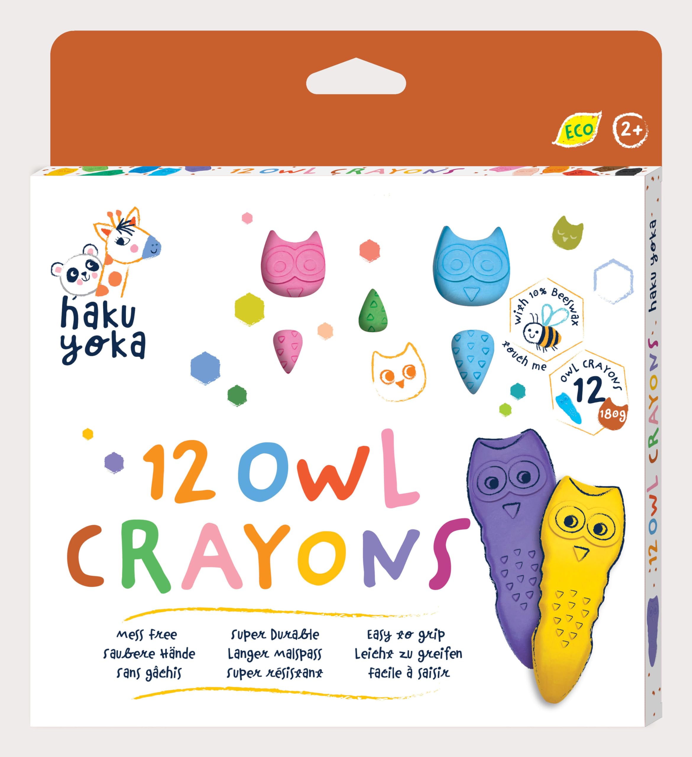 Haku Yoka Owl Crayons, 12 Colours, Mess Free, Super Durable and Easy to Grip Crayons for Ages 2 years+, Natural Beeswax & Organic Mineral Coloured Crayon