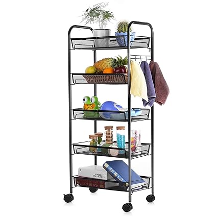 GBlife 5-Schichte beweglichem Stand-Regal mit Metallgitter | Küchenspeicherwagen | Badezimmerregale mit abschließbaren Rädern