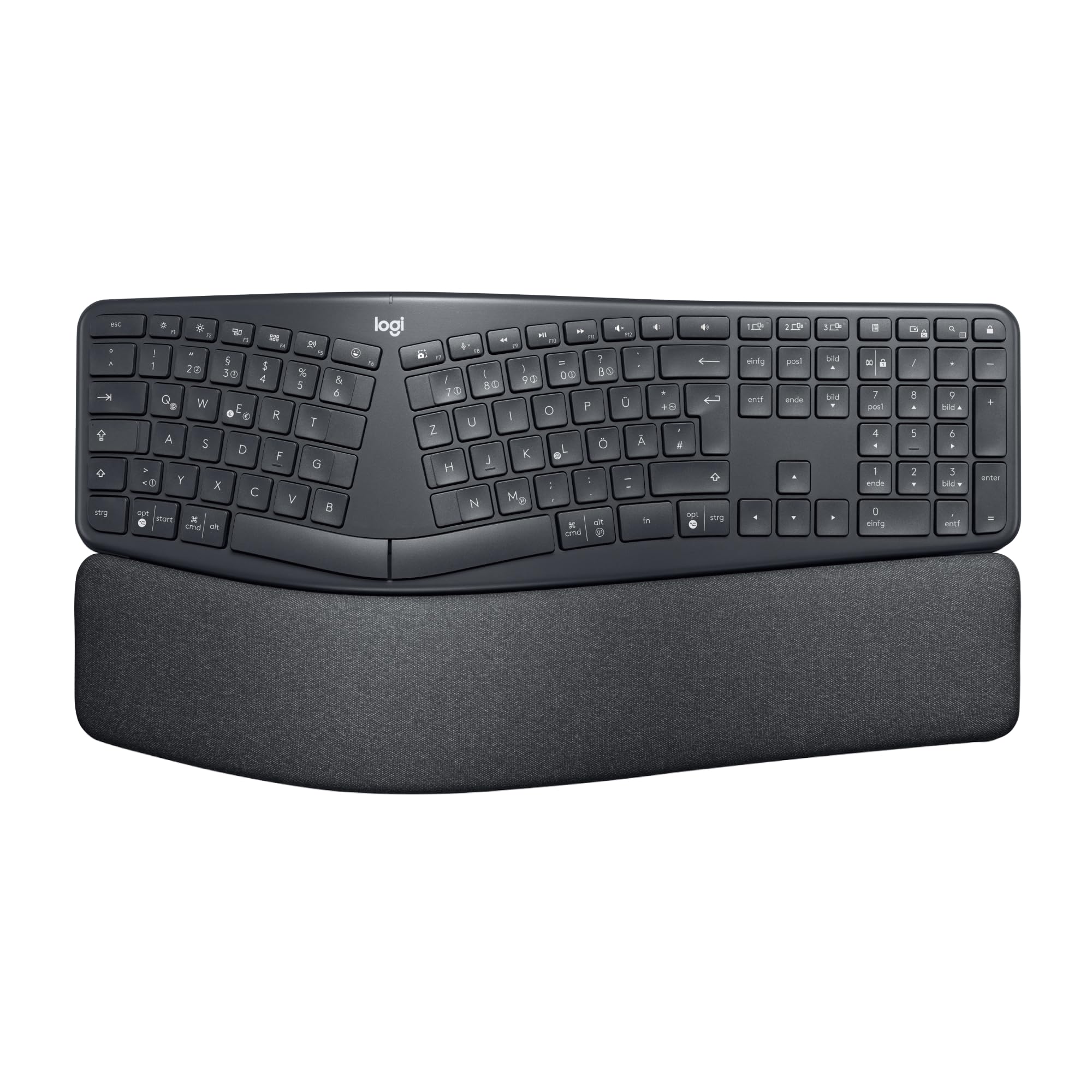 Logitech ERGO K860 - Wireless ergonomic keyboard with split buttons, wristwear and support for natural tap - Windows / Mac, Bluetooth, USB receiver, QWERTZ layout graphite
