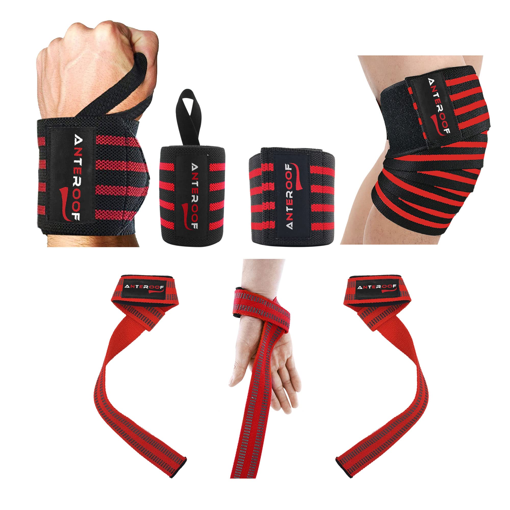 Strength Training Essentials: Knee Wraps, Wrist Wraps, and Lifting Straps Set - Ultimate Gym Protection for Weightlifting, Bodybuilding, and Fitness Workouts(Red Stripe)