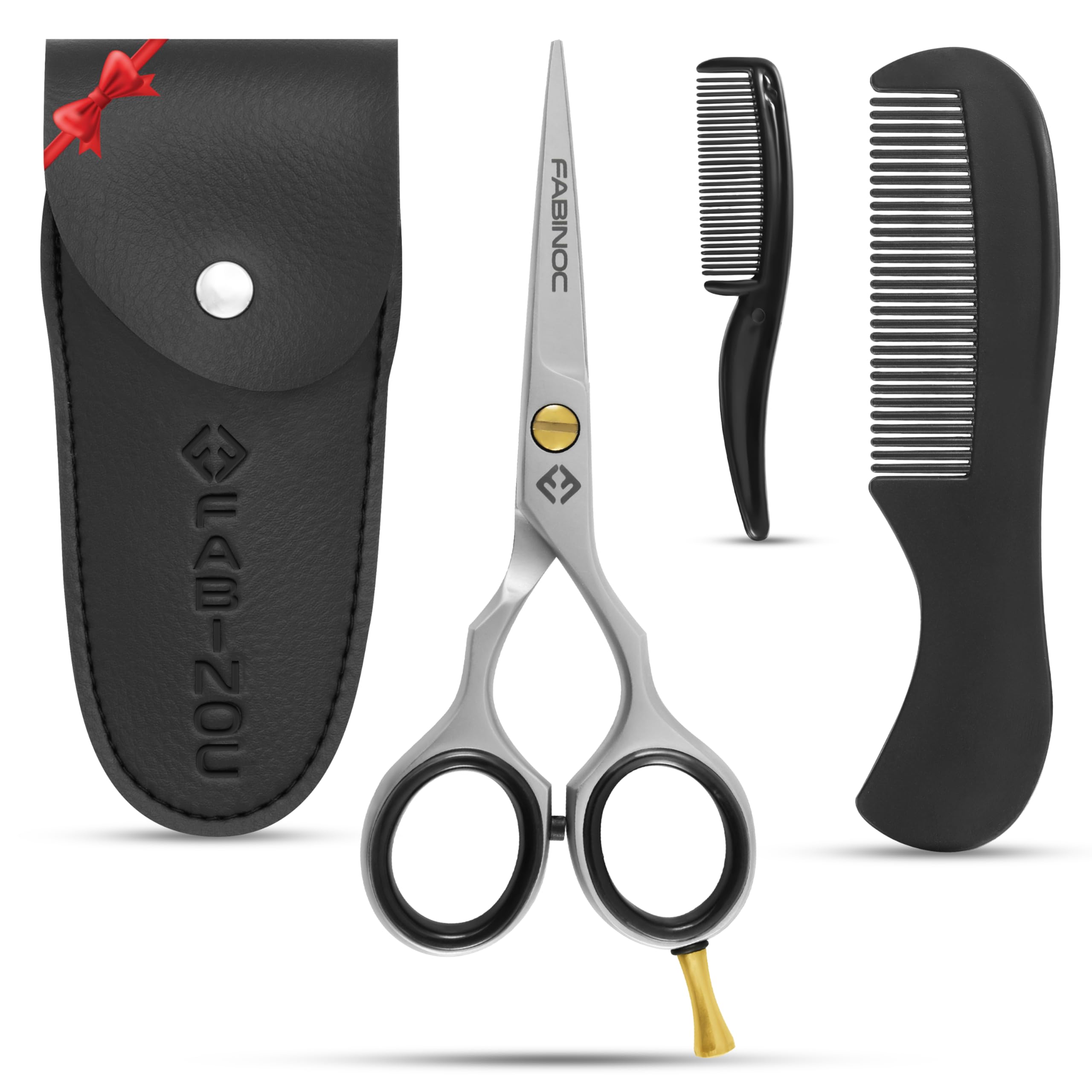 FABINOC® 5" Beard and Moustache Scissors with Comb & Pouch – Eyebrow, Ear & Nose Small Hair Scissors - German Quality Stainless Steel Mustashe Grooming Kit (Silver)
