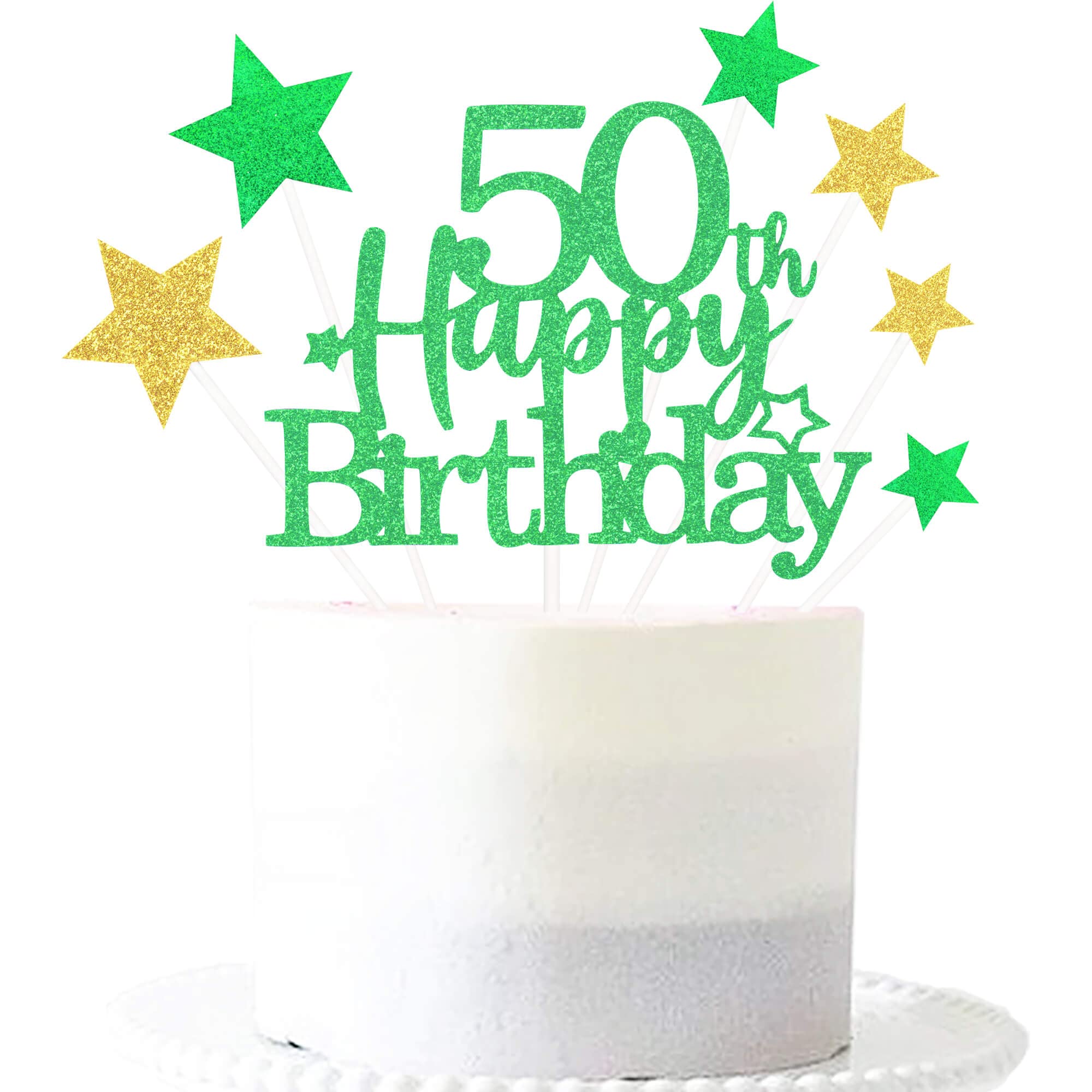 Glittery 50th Happy Birthday Cake Topper with Star,Personalised 50 Birthday Cake Toppers Party Decorations Party Supplies for Boys Girls Green Gold