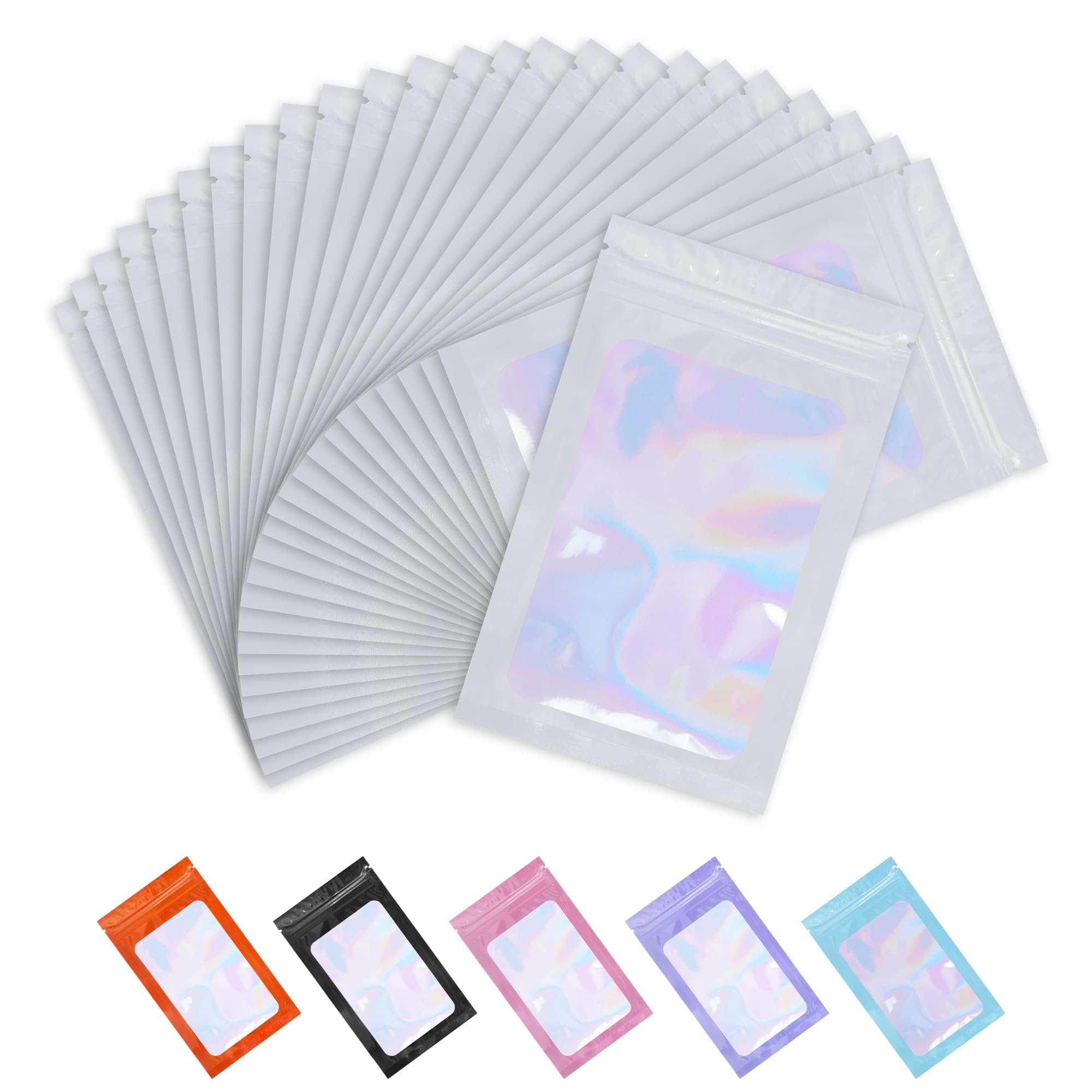 Photo 1 of 100 Pack Resealable Bags Clear Holographic Bags Smell Proof Packaging Baggies,Mylar Bags for Food Storage,Bags for Small Business,Snack, Cookie, Jewelry Sample, Candy, Gift (White, 2.4×3.9 inch)