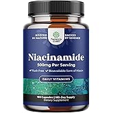 Pure Vitamin B3 Niacinamide 500mg Capsules - Niacinamide (Vit B3) 500mg Flush Free Form of B3 Vitamins for Skin Health Detox & NAD Production Support for Women & Men - Healthy Skin Supplement - 180 Ct