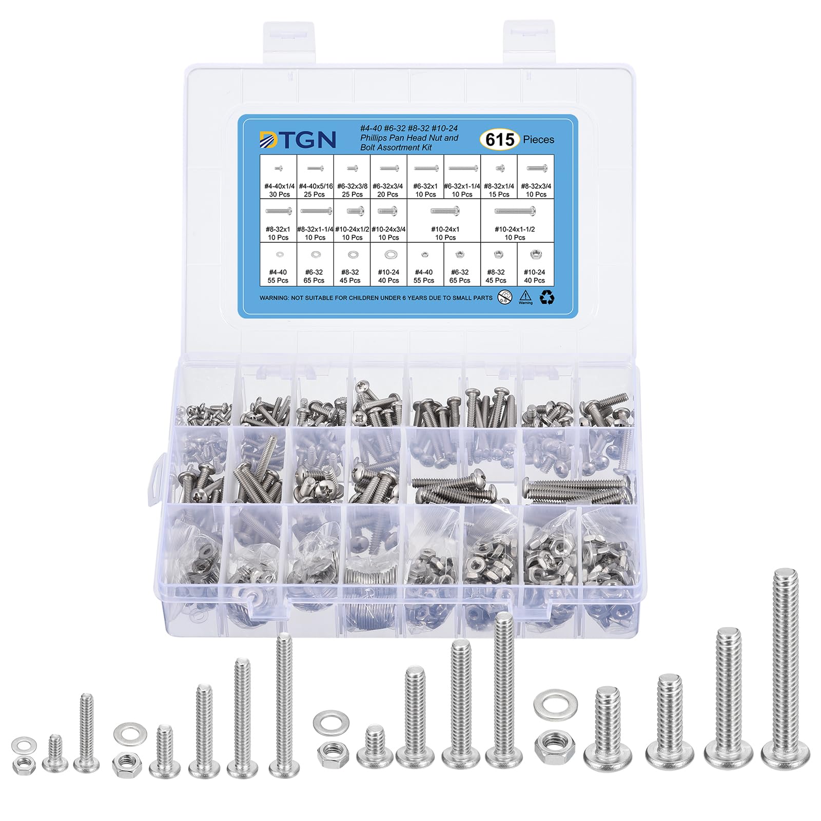 DTGN 615Pcs Machine Screws Assortment Kit, #4-40#6-32#8-32#10-24 Phillips Pan Head Nut and Bolt Assortment Kit, 304 Stainless Steel, Bolt Assortment With Washers