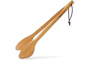 Wooden BBQ Tongs with Heatproof Leather Loop | Ergonomic Natural Ash Wood, 38 cm | Ideal for Grilling Burgers, Buns, Steaks, 
