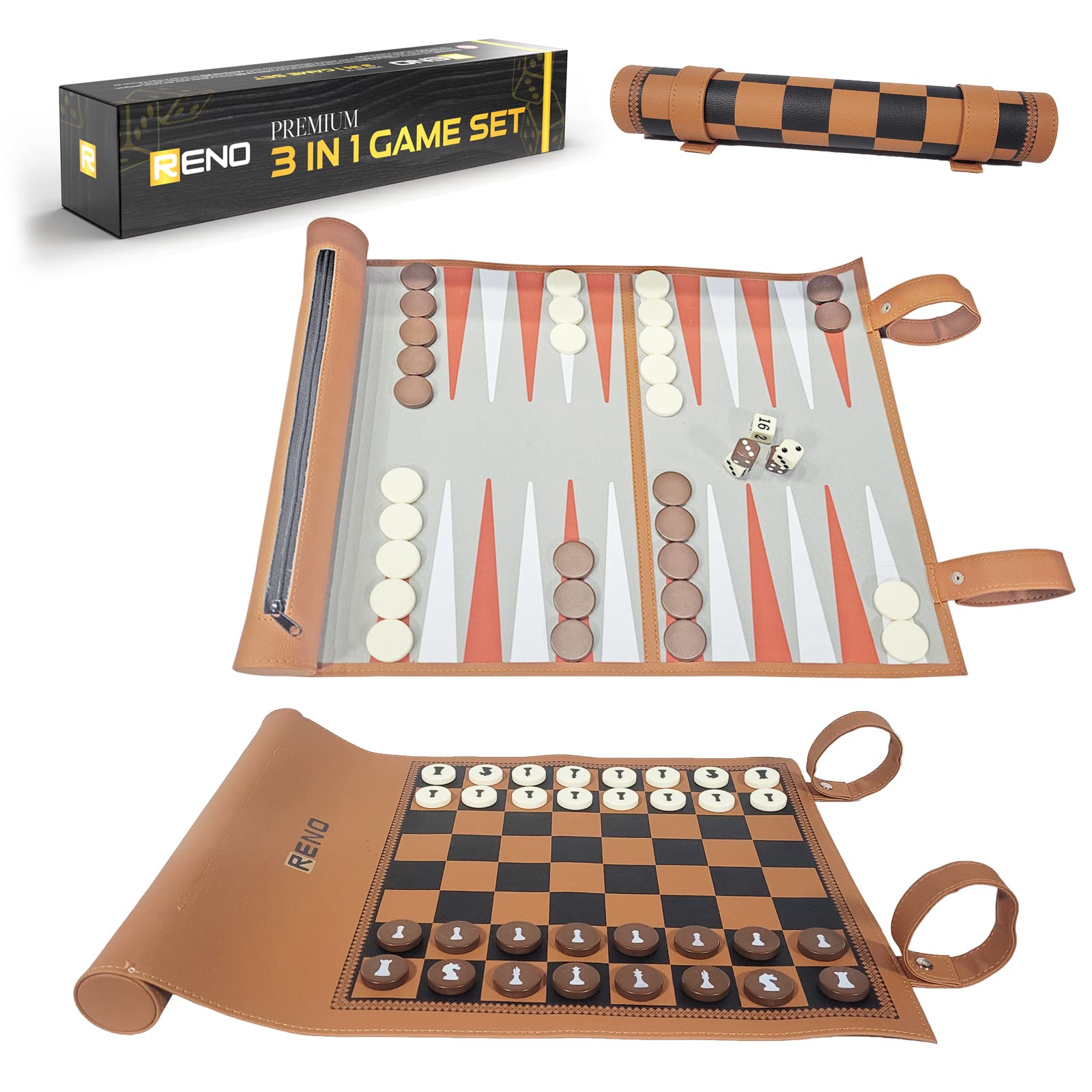 RENO UK based business - 3 in 1- Chess Backgammon Set Checkers- Travel games for adults - chess set for adults and Kids - sets & games compendium -games for kids, Giftable Game set