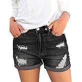 luvamia Women's Ripped High Waisted Denim Shorts Stretchy Cuffed Hem Jean Shorts
