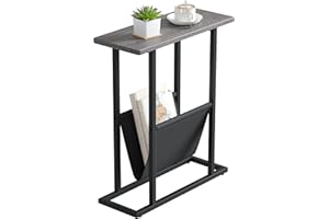 Yusong Small Narrow Side Table for Small Spaces, 17.7" W Slim End Table Magazine Table Nightstand with Storage Holder, Accent Skinny Snack Couch Bedside Table, Grey, Complete Iron Pipes