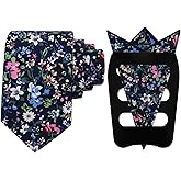 Mantieqingway Floral Tie Sets for Men Skinny Cotton Flower Neckties with Handkerchief and Pocket Square Holder for Wedding