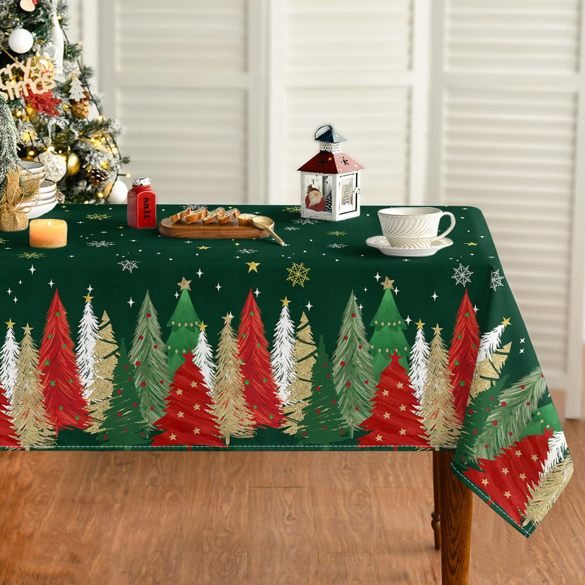 Photo 1 of Horaldaily Christmas Tablecloth 60×140 Inch Rectangular, Christmas Trees Green Washable Table Cover for Party Picnic Dinner Decor