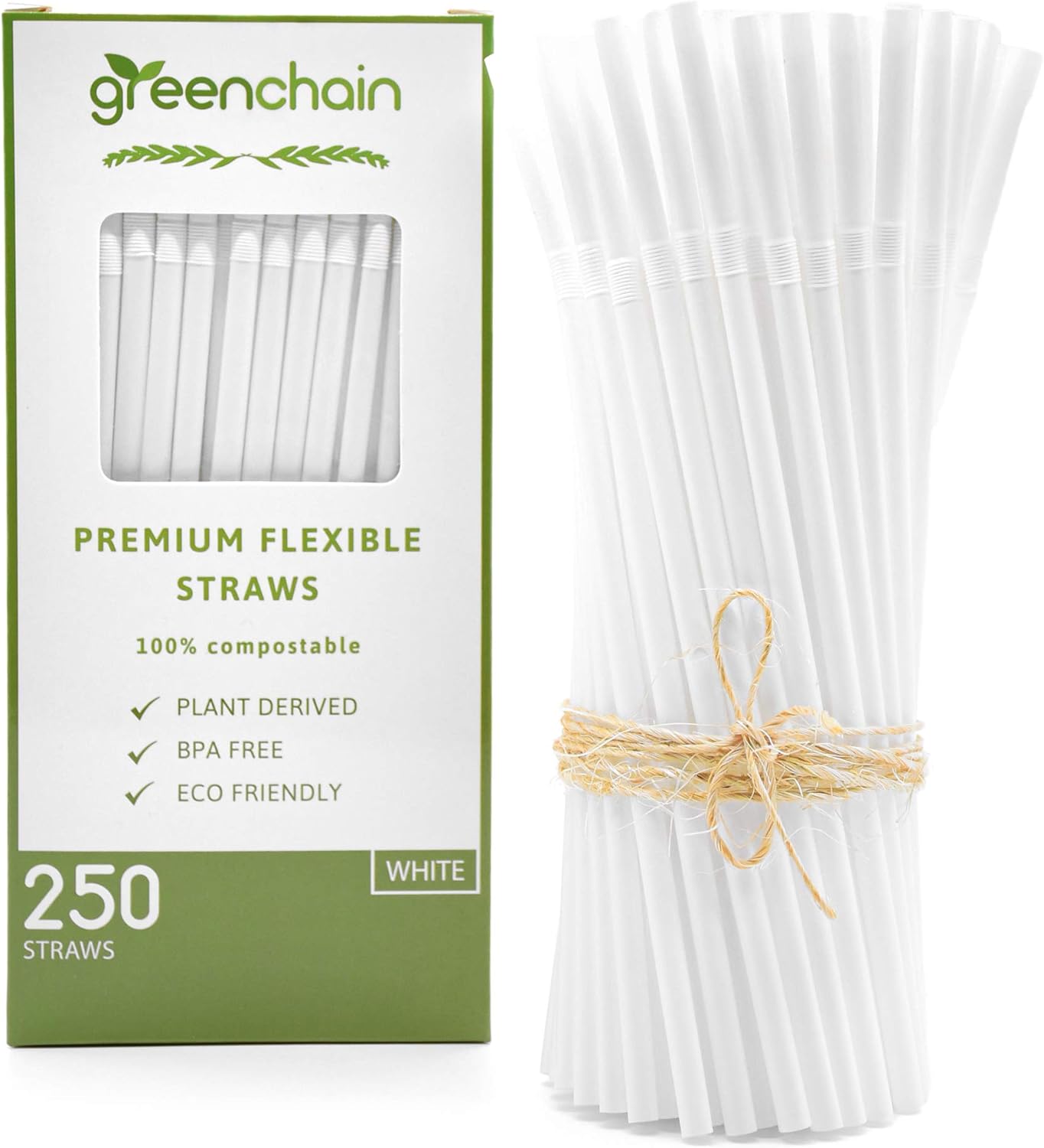 Greenchain Compostables, 250 Premium Plant Based Flexible Straws , 100% Compostable Party & Event Straws: Kitchen & Dining