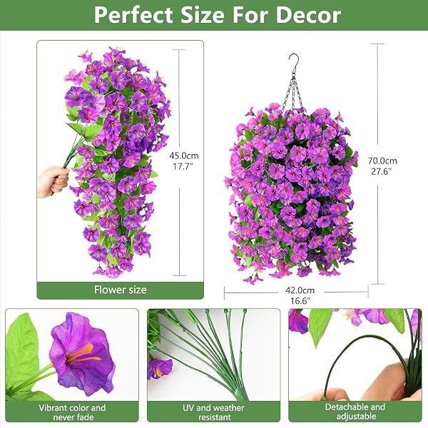 INQCMY ARTIFICIAL FLOWERS FOR OUTDOOR SPRING SUMMER DECORATION FAUX SILK MORNING GLORY FAKE HANGING FLOWERS UV RESISTANT LOOK REAL FOR HOME PORCH (3PCS PURPLE OMBRE+1 BASKE)
