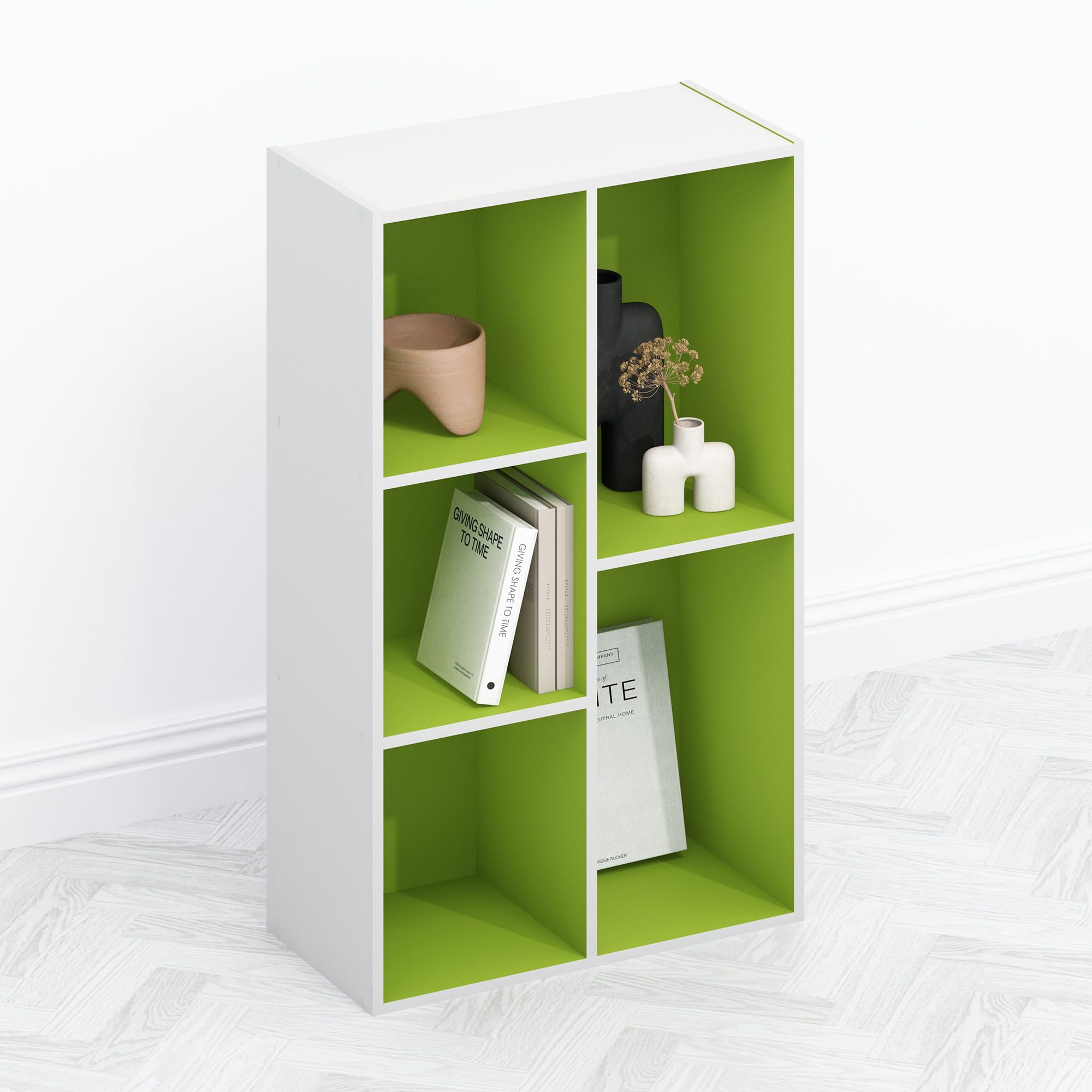 Furinno TOMI Book Shelf, 5-Cube Bookshelf, Reversible Bookcase, 9.4 x 19.5 x 31.5, for Living Room, Bedroom, Home Office, Green Image