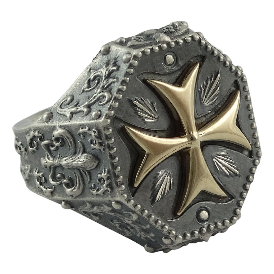 Knights Templar Maltese Cross Mens Ring Fleur De Lis Silver 925 And 10k Gold Masonic Jewelry -