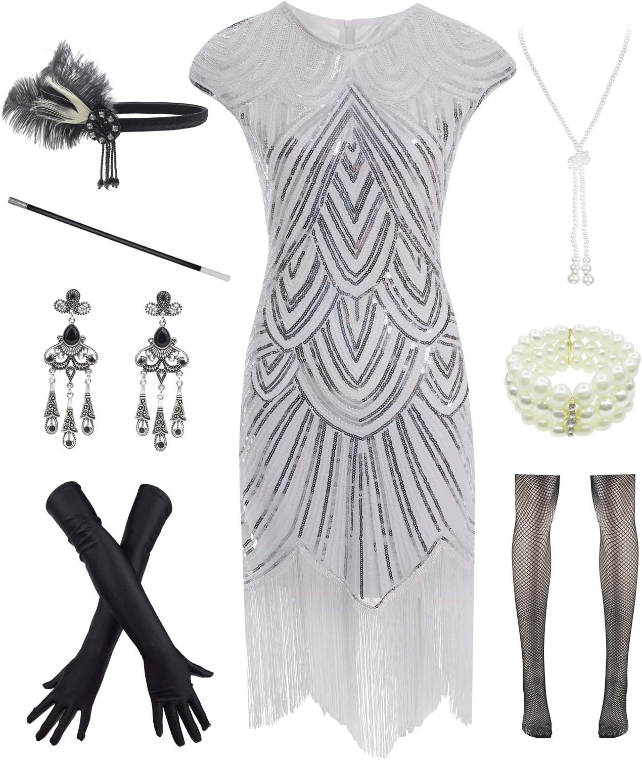 Women 1920s Vintage Flapper Fringe Beaded Gatsby Party Dress with 20s Accessories Set