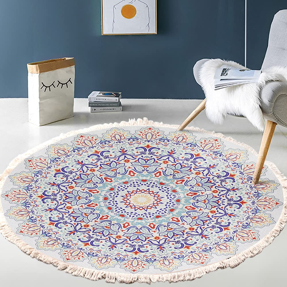 Vintage Boho Cotton Rugs, Mandala Pattern, Washable Hand Woven Bohemian Round Rug with Tassels for Bedroom, Hallway, Living Room, Coffee Table, Doormats, Machine Washable, 80 cm, Flowers #5 — image 1