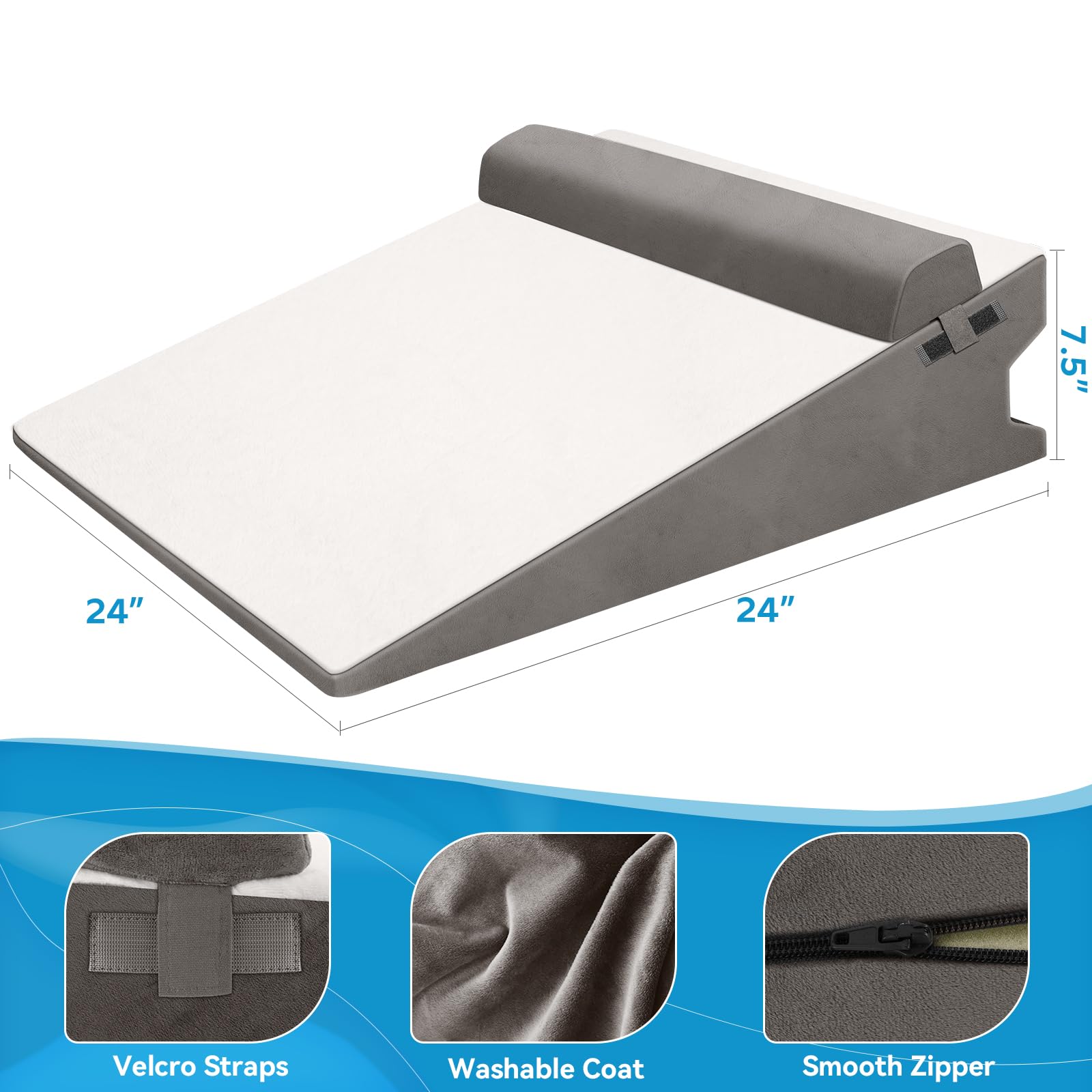 CloudBliss 7.5 inches Bed Wedge Pillow with Memory Foam for Sleeping After Gerd Acid Reflux, Surgery, Relief Back Pain, Adjustable and Breathable Pillow with Washable Cover for Surgery Recovery, Gray