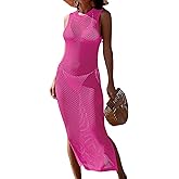 Pink Queen Women Swimsuit Cover Up Hollow Out Sleeveless Beach Maxi Dress Side Split Knit Bathing Suit Cover Up for Women