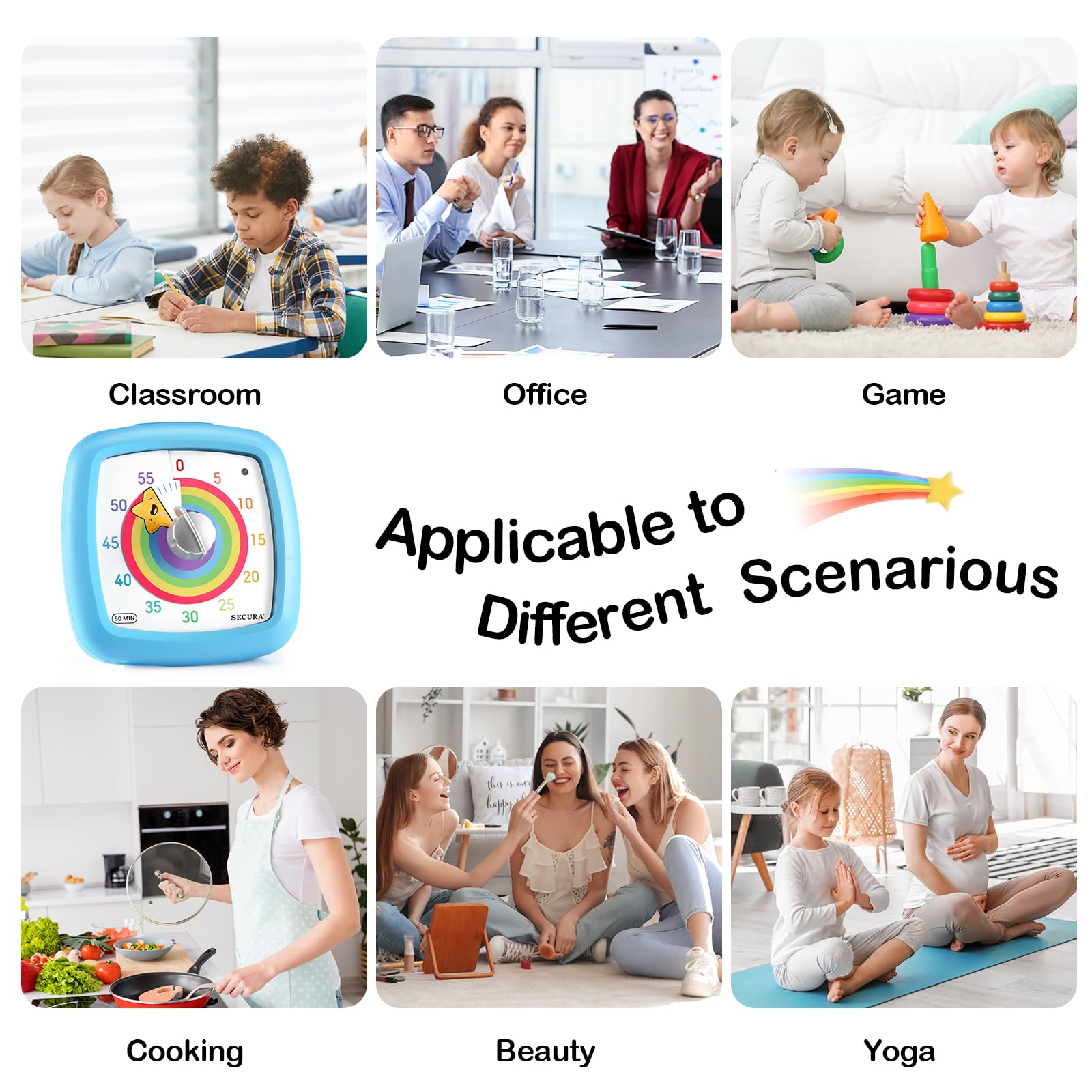 Secura 60-Minute Visual Timer, Silent Study Timer for Kids and Adults, Time Clocks, Time Management Countdown Timer for Teaching (Blue & Star)