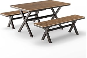 Cozyman 3 Pieces Patio Table Set, HDPS and Aluminum Material, Outdoor Dining Table Set with 2 Benches, Weather Resistant, X-Leg Dining Table and Chairs for Yard, Garden, Kitchen, Brown-Oil Printed