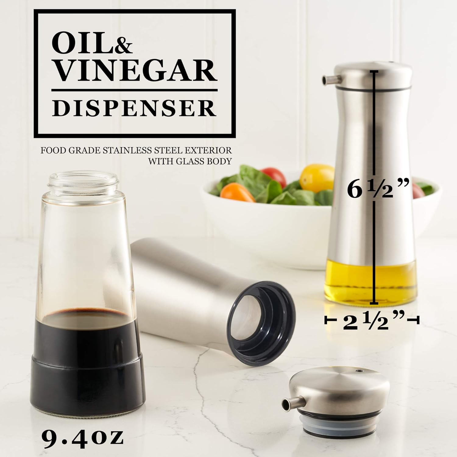 Gorgeous Olive Oil And Vinegar Dispenser Set of 2 - Elegant Stainless Steel Oil Cruet Set For Easy & Drip Free Pouring: Home Improvement