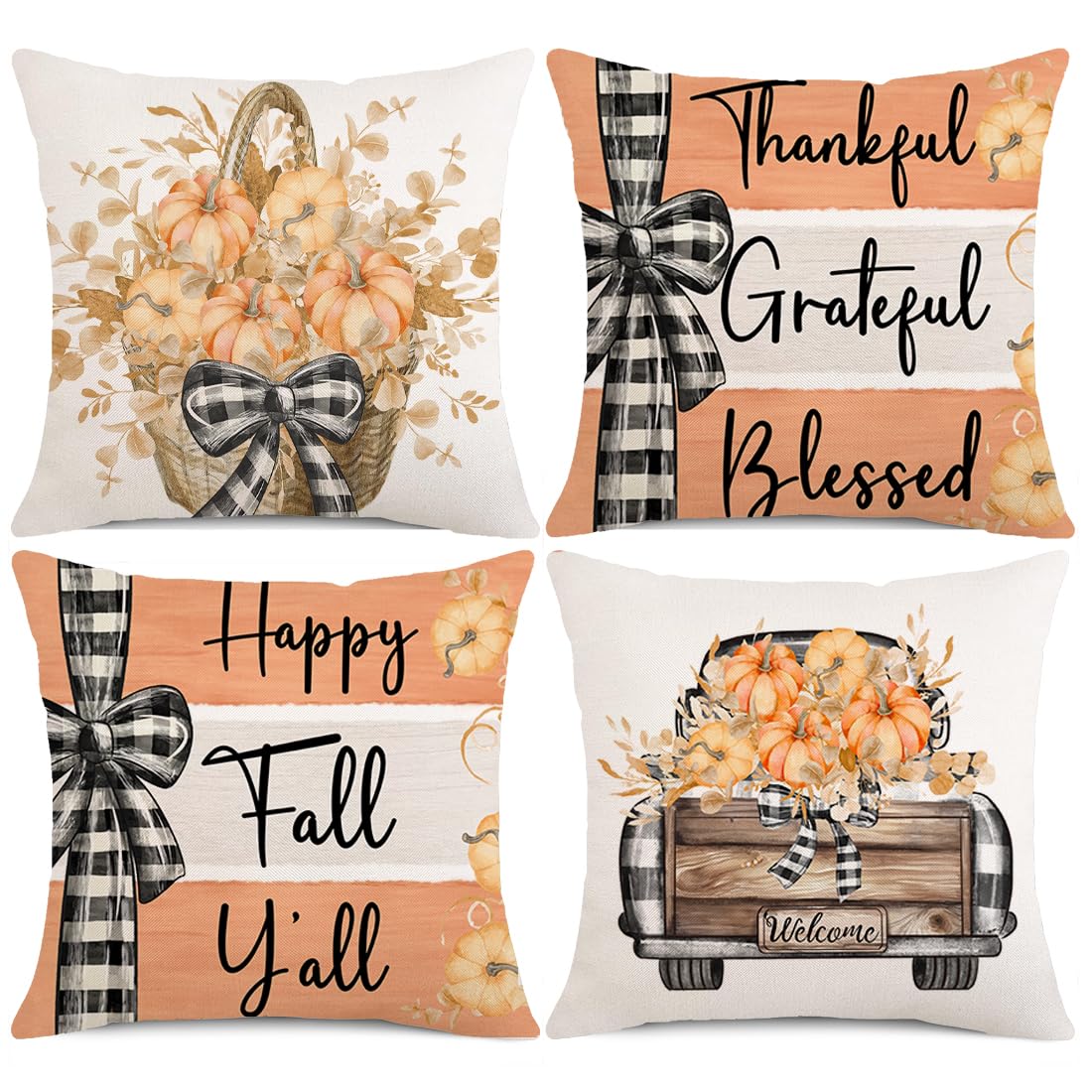 Photo 1 of Fall Pillow Covers 18x18 Inch Set of 4 Stripes Polka Dots Buffalo Plaid Pumpkin Pillows Decorative Autumn Thanksgiving Harvest Thankful Throw Pillows Cushion Case Fall Decor F057-Orange 18