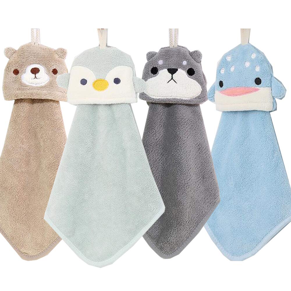 Eyands 4 Pcs Lovely Animals Hand Towel for Kitchen Hanging Loop Soft Coral Soft Dish Towels Wipe Cloth for Kitchen Bathroom
