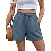 AKEWEI Linen Shorts Women Casual Wide Leg High Waisted Summer Pants Comfy Elastic Waist Drawstring Shorts with Pockets