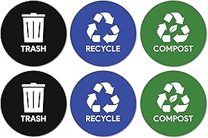 Sutter Signs 6pk Trash Compost Recycle Stickers for Trash Bins | 4" Weatherproof Waste Management Label Sign Decals for Garbage Cans, Yard Waste, and Recycling Bins