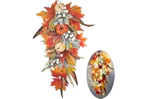 HAMIFINEE 2025 Upgraded 23.5" Prelit Fall Teardrop Swag with Lights Fall Swags with Red Leaves Pumpkins Berries Rich Autumn Elements Garland Wreath for Halloween Thanksgiving Farmhouse Harvest Door Decorations