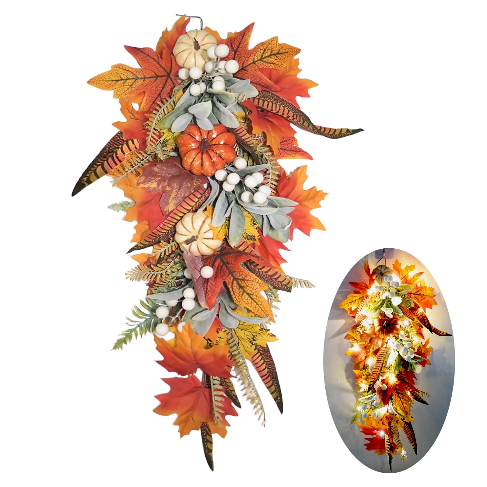 Photo 1 of 2025 Upgraded 23.5" Prelit Fall Teardrop Swag with Lights Fall Swags with Red Leaves Pumpkins Berries Rich Autumn Elements Garland Wreath for Halloween Thanksgiving Farmhouse Harvest Door Decorations