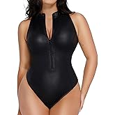 Popilush Leather Bodysuit for Women Tummy Control Shapewear Mock Turtleneck Thong Body Suits Zip Up Corset Top