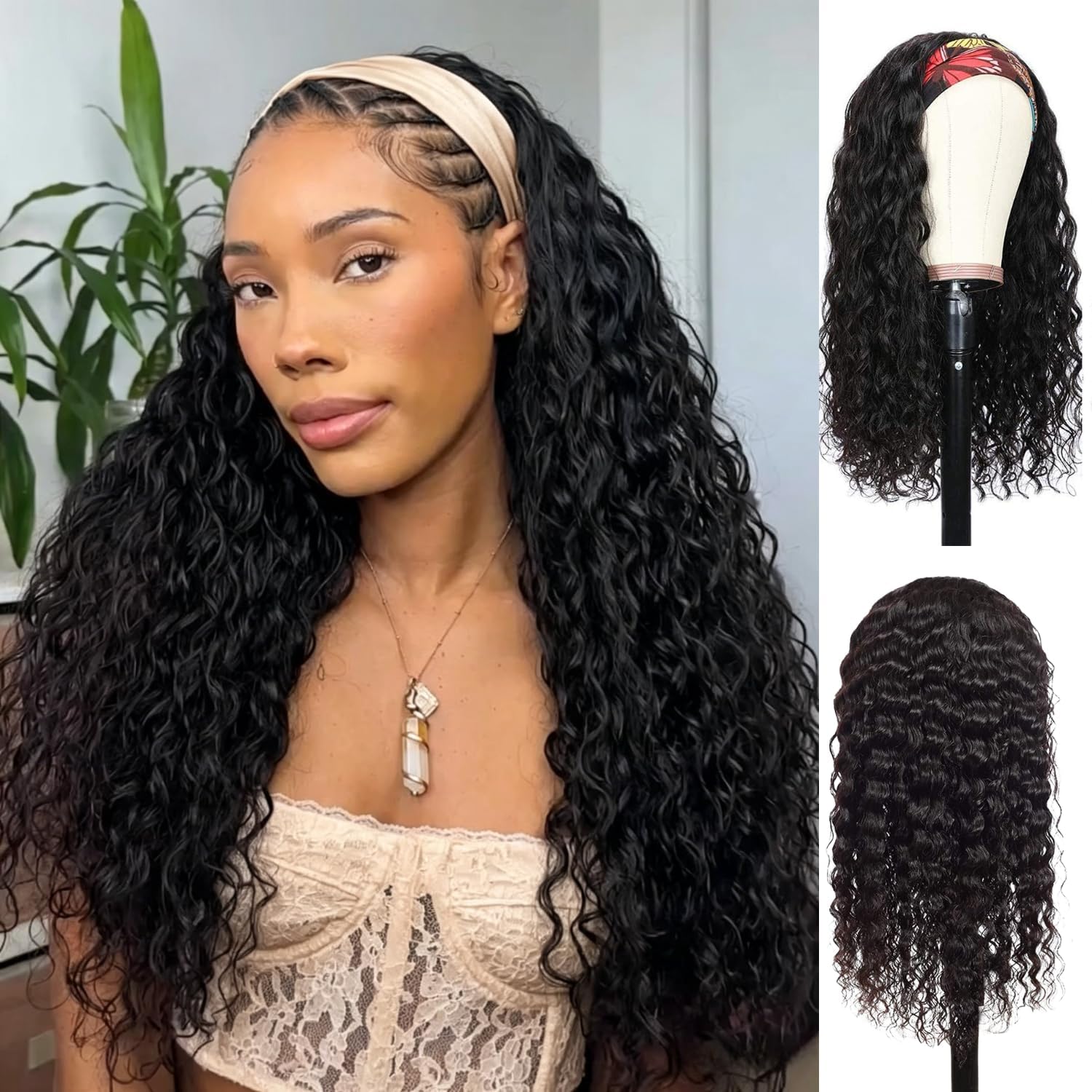 22 Inch Headband Wig Human Hair Water Wave Curly Headband Wig For Women's Easy Style Wigs For Daily Use And Busy Morning, Natural Black 150% Density