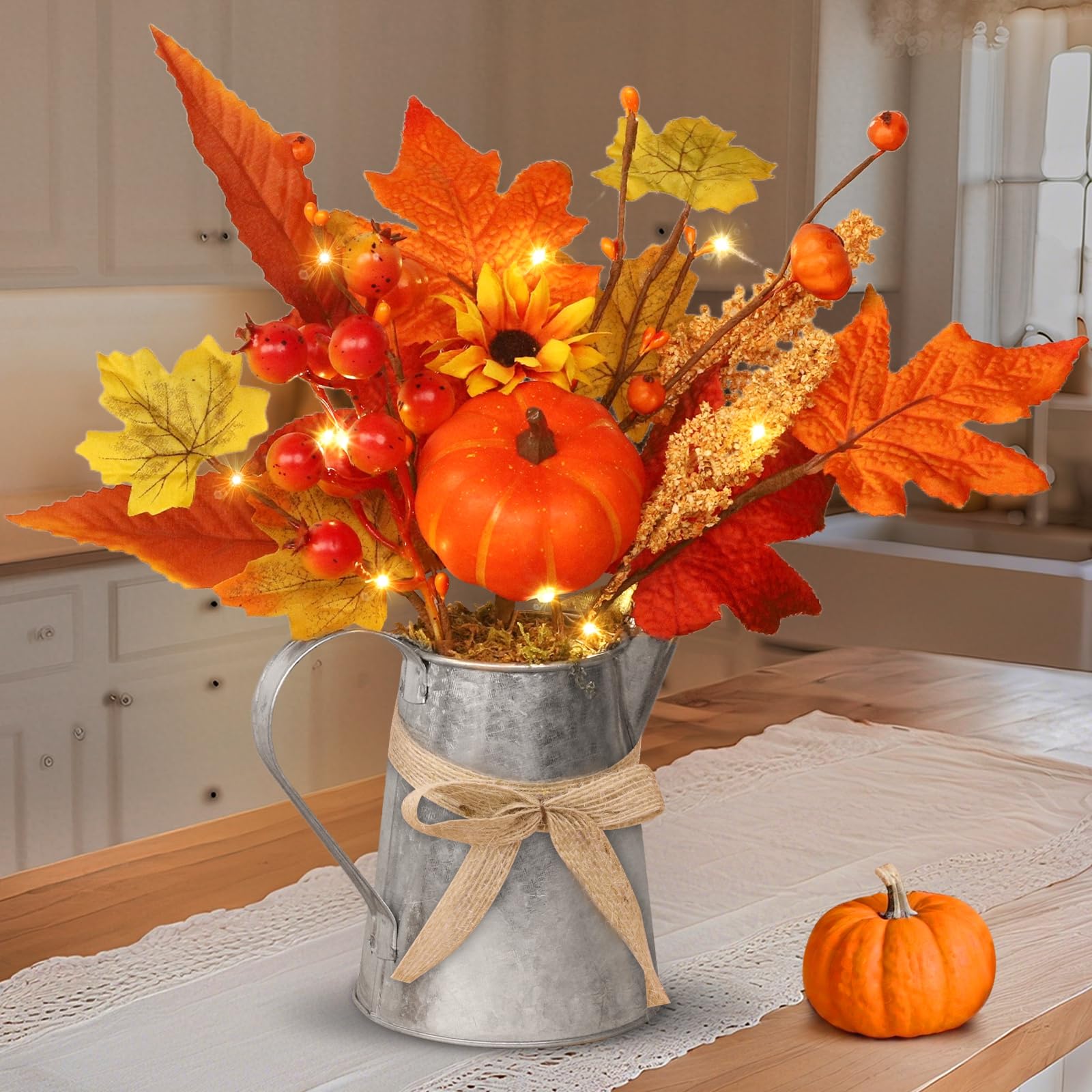 Photo 1 of [Light & Timer] Fall Decor Table Centerpiece Rustic Metal Milk Jug with Artificial Orange Maple Tree Pumpkin Sunflower Wheat, Fall Floral Arrangement Decoration for Home Kitchen Autumn Thanksgiving