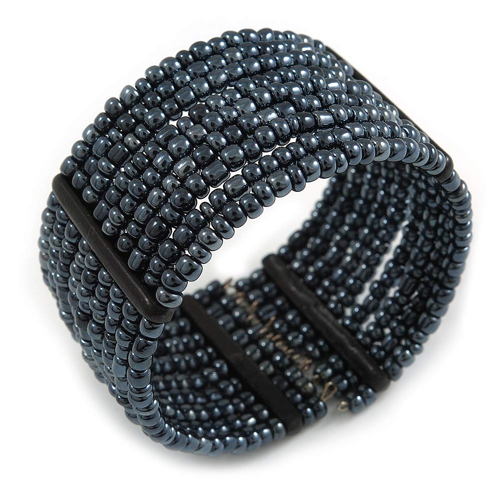 Avalaya Hematite Glass Bead Flex Cuff Bracelet - Medium