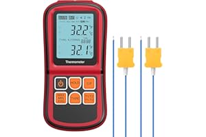 Kamtop Digital Thermometer, Dual Channel Thermometer with Two K Type Thermocouple Probes, High Temperature Meter Dual Measurement Meter Sensor Backlight LCD for K/J/T/E/R/S/N Type