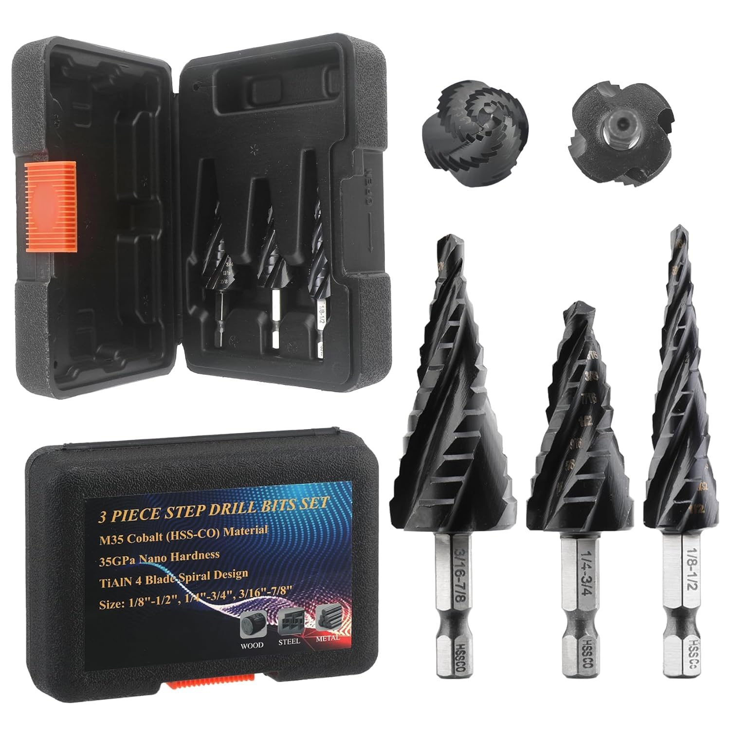 CKductpro M35 Cobalt Four Spiral Flute Step Drill Bit,1/8"-7/8" (3 pcs) Impact Resistant M35 HSS AlTiN Coated,1/4" Hex Shank Step Bit for Hole Drilling in Stainless Steel, Copper, Aluminum, Wood