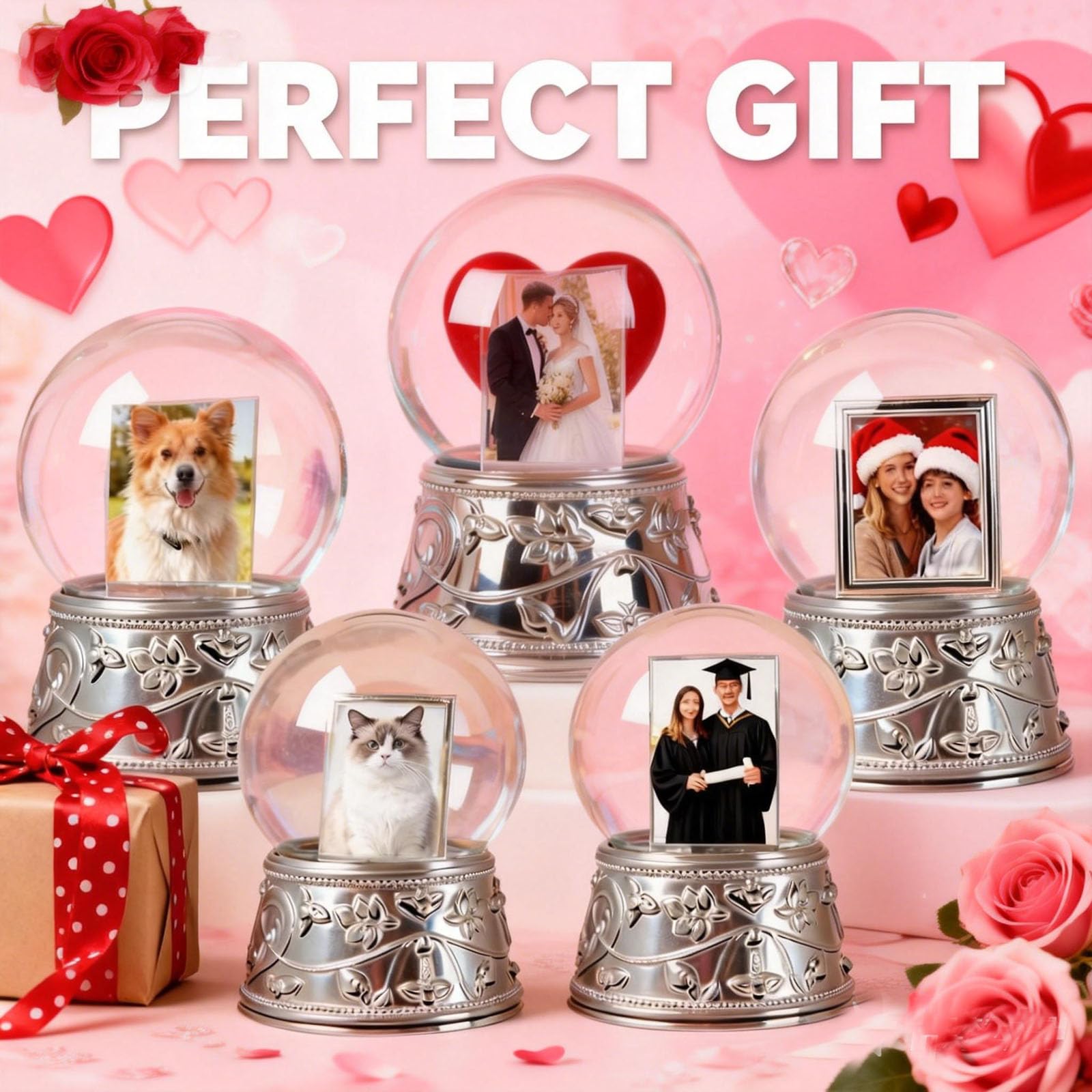 Aobaks Valentine's Day Gift Snow Globe with 2 Sided Photo Frame, DIY Large Double Snowglobe with Picture Insert, Clear Resin Base, for Family, Friends, Couples.