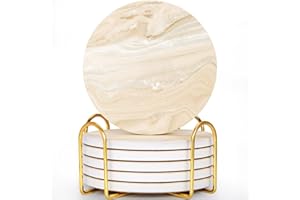 GOH DODD Coasters for Drinks Set of 6, Absorbent Marble Style Ceramic Coaster Set Cup Coasters Tabletop Protection Home Decor with Metal Holder for Coffee Table, Beige, Round, 4 Inches