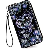 RAUEDWDJS Women's Wallets,Credit Card Holder Money Leather Long Wallet with Wristlet,Large Capacity with Zip-Around Phone Purse for Women Ladies Girls,Purple Butterfly Flower