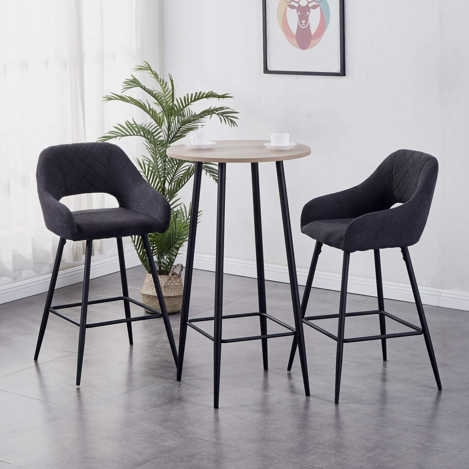 AINPECCA Bar Table Set and 2 Bar Stools Fabric Seat with Metal Legs Kitchen Breakfast (Oak effect table top, Dark grey fabric)