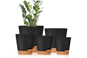 GARDIFE Plant Pots 7/6.5/6/5.5/5 Inch Self Watering Planters with Drainage Hole, Plastic Flower Pots, Nursery Planting Pot for All House Plants, African Violet, Flowers, and Cactus,Black