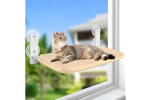 Sunhoo Cat Window Hammock Perch Cordless Perches Window Sill Seat Bed Foldable Stable Lounger Upgraded Suction Cup Easy Assembly Indoor Cats Kitty Shelf Hold Up to 55lbs (Beige, L)