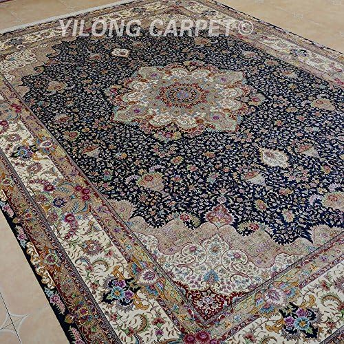Yilong 10'x14' Large Handmade Persian Silk Rug Classic Oriental Tabriz Floral Medallion Hand Knotted Home Carpet (10 Feet by 14 Feet, Beige and Dark Blue) YL1891