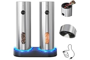 CIRCLE JOY Electric Rechargeable Salt and Pepper Grinder Set Automatic Stainless Steel Pepper Mill Grinders with Charging Bas