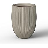Kante Round Fluted Concrete Planter, 16.9-Inch Dia Barrel-Style Pot with Drainage Hole, Weathered Finish with Painted Interior, 13.7" Opening, for Indoor and Outdoor Use