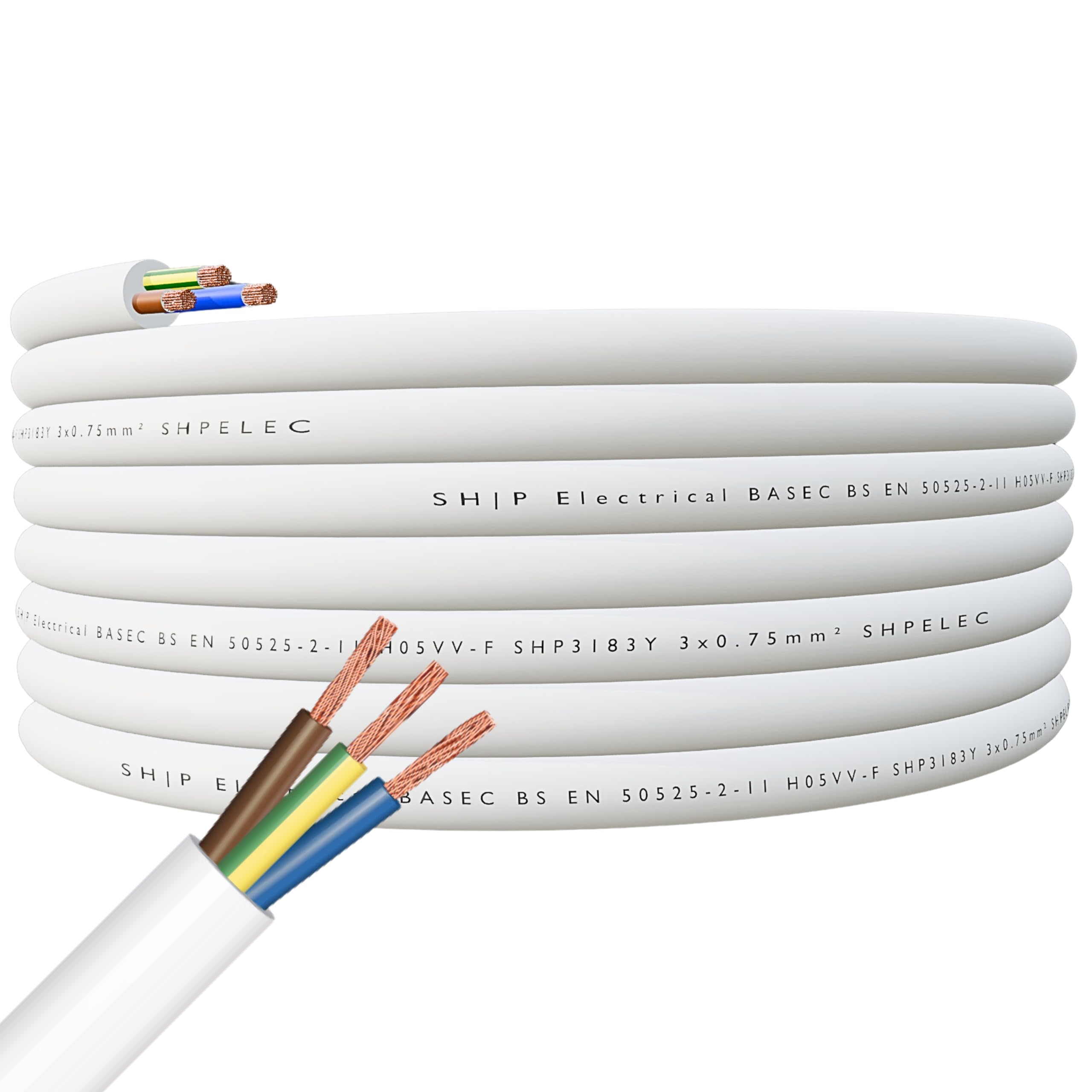 SHPELEC® FLEXIBLE White Cable 3183Y 0.75mm, 1.0mm, 1.5mm, 2.5mm BASEC Approved White PVC LED Lighting 5m 10m 15m 20m 50m (0.75mm 3 Core - 25metres)