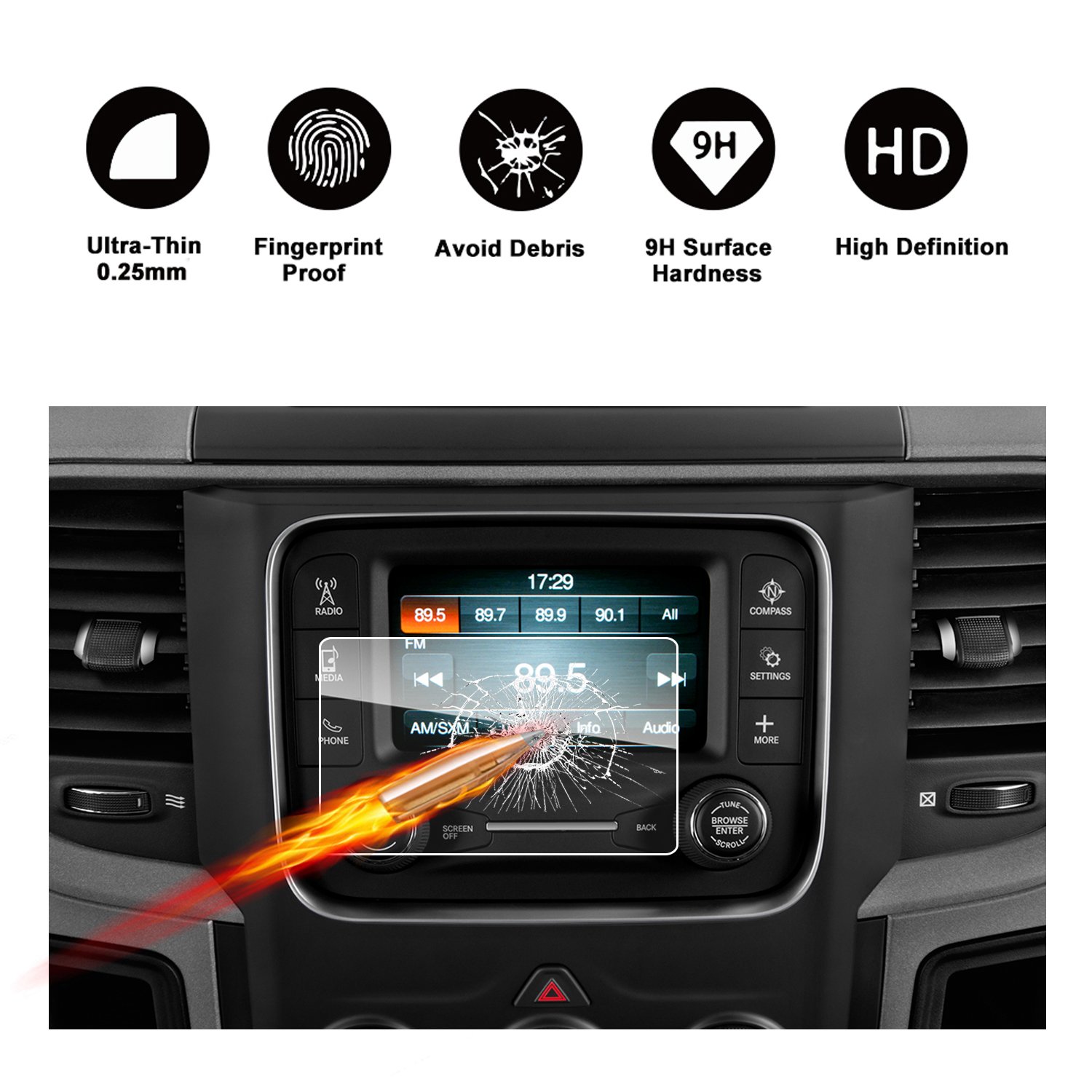 2013-2018 Dodge Ram 1500 2500 3500 Uconnect Touch Screen Car Display Navigation Screen Protector, RUIYA HD Clear Tempered Glass Car in-Dash Screen Protective Film (5-Inch)